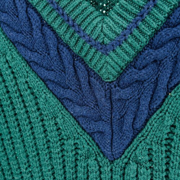 Vintage 90s Ivy Club Green Navy Cable Knit V-Neck Sweater - Picture 3 of 6